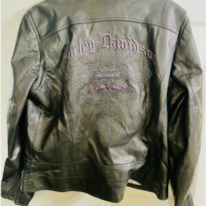 Harley-Davidson Women's Vintage Black Leather Jacket with Purple Stitching, XL